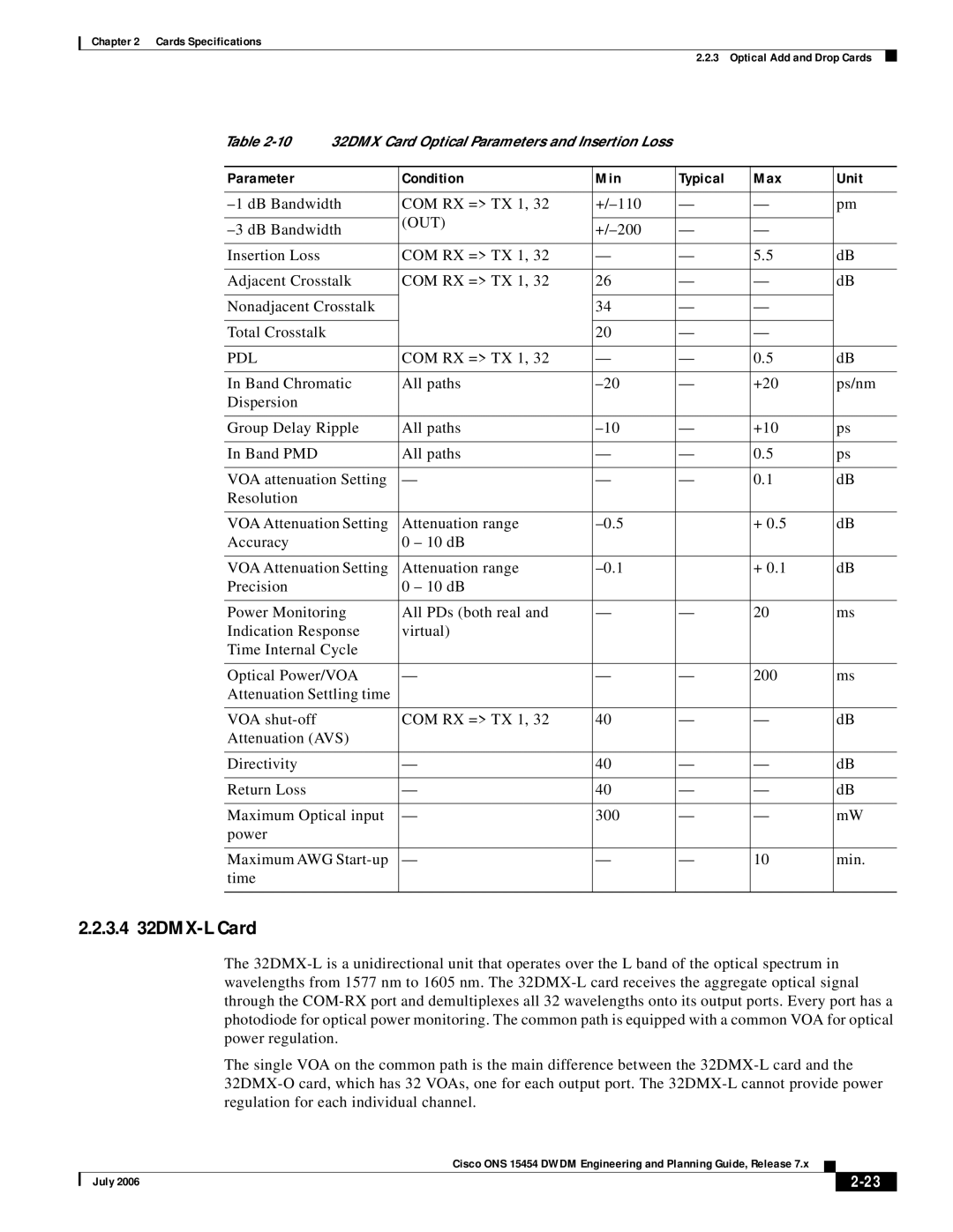 Cisco Systems 15454 specifications 3.4 32DMX-L Card, Out, Pdl 