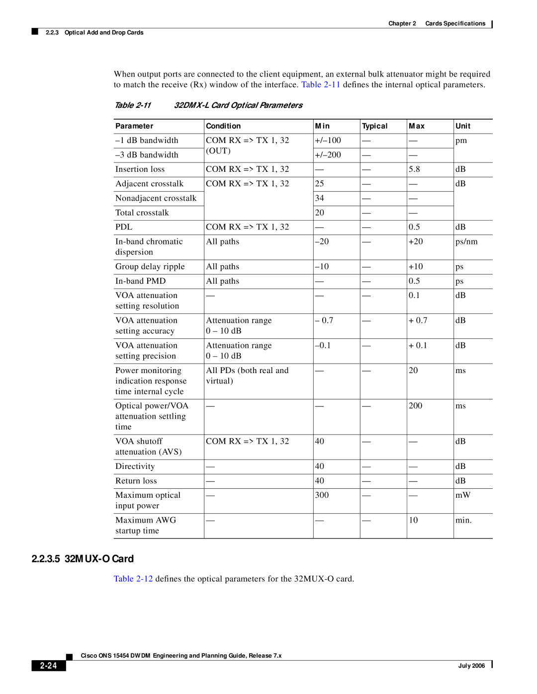 Cisco Systems 15454 specifications 3.5 32MUX-O Card, 12defines the optical parameters for the 32MUX-O card 