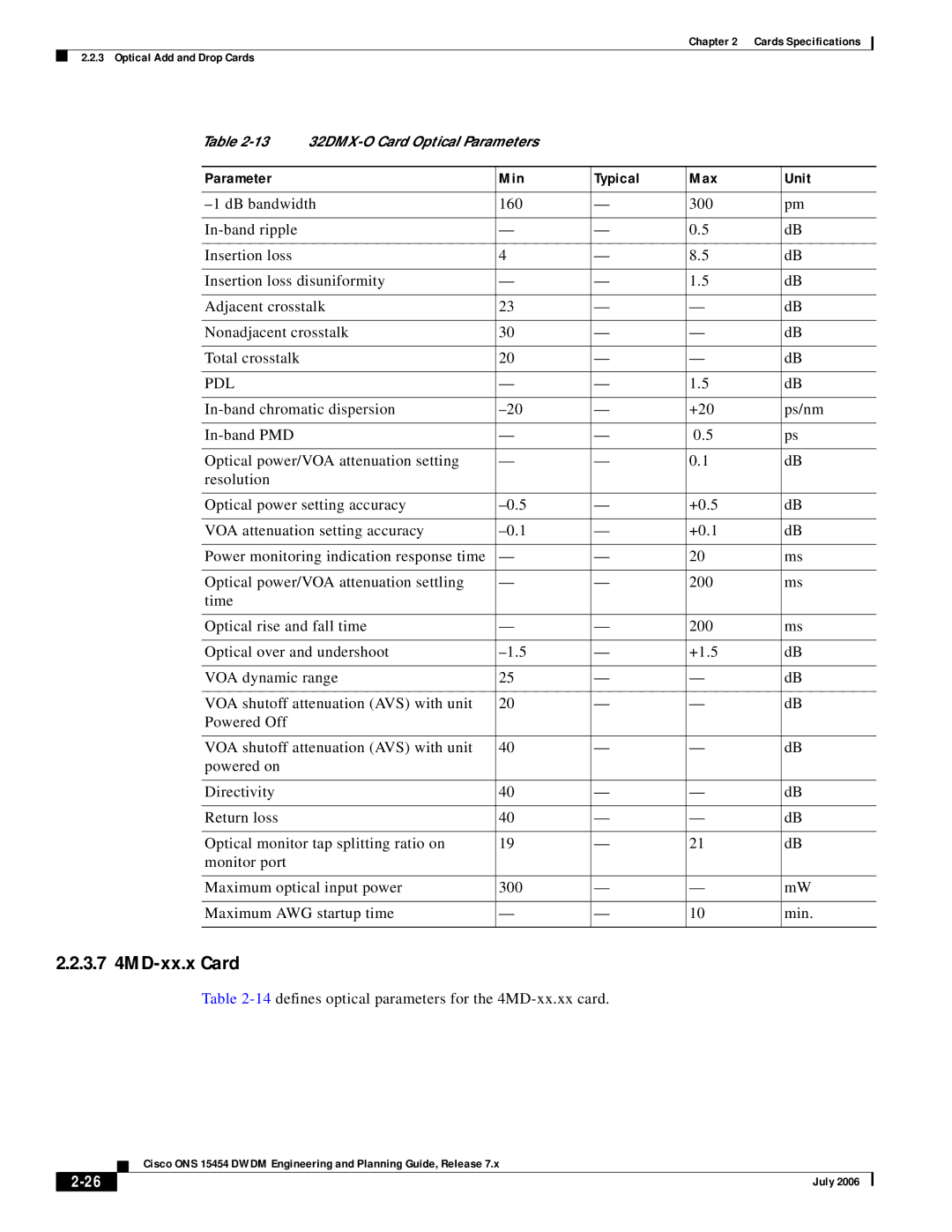 Cisco Systems 15454 specifications 3.7 4MD-xx.x Card, 14defines optical parameters for the 4MD-xx.xx card 