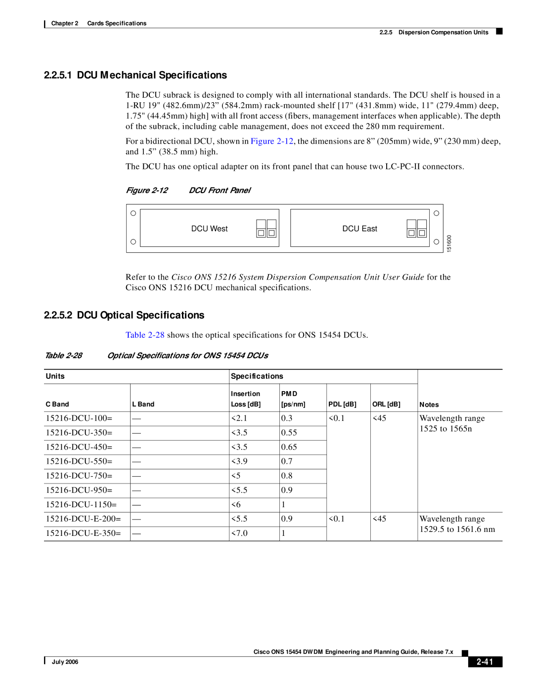 Cisco Systems 15454 specifications DCU Mechanical Specifications, DCU Optical Specifications, Units Specifications 