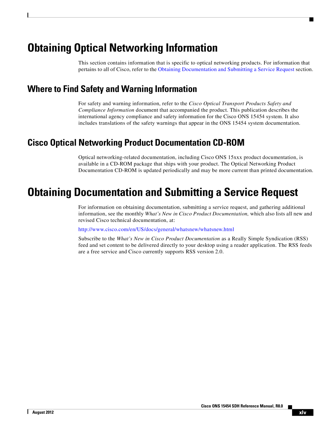 Cisco Systems 15454 specifications Obtaining Optical Networking Information, Xlv 