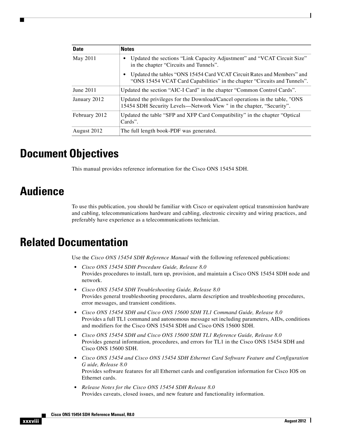 Cisco Systems 15454 specifications Document Objectives, Audience, Related Documentation, Xxxviii 