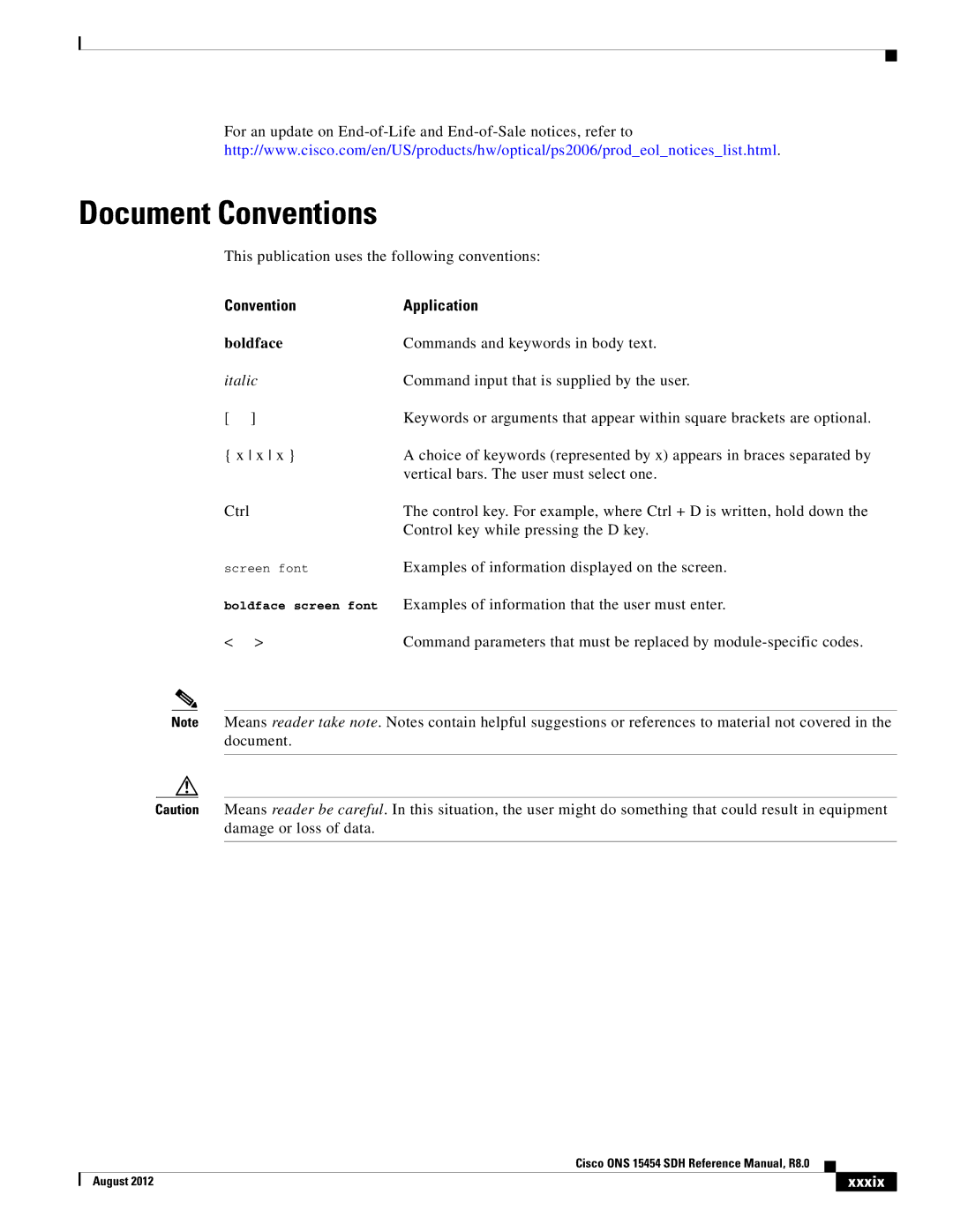 Cisco Systems 15454 specifications Document Conventions, Convention Application, Xxxix 