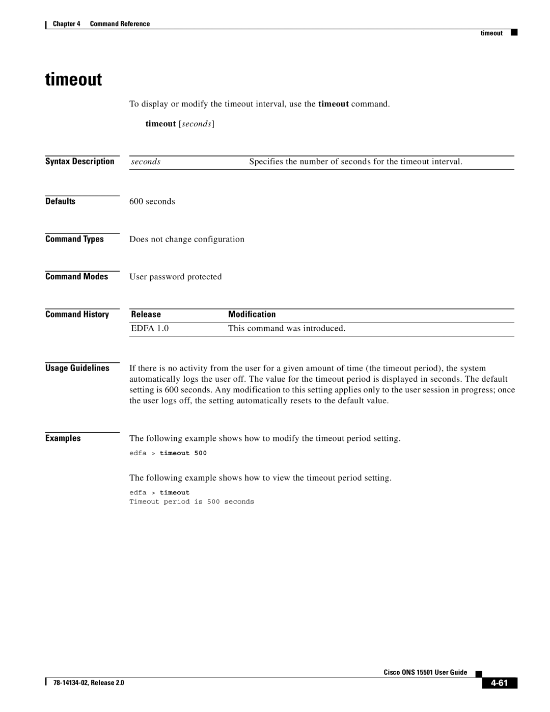 Cisco Systems 15501 manual Timeout 