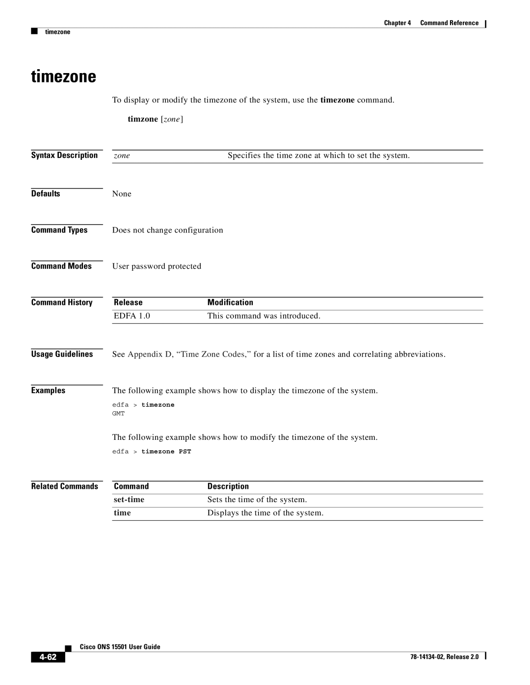 Cisco Systems 15501 manual Timezone, Related Commands Description 