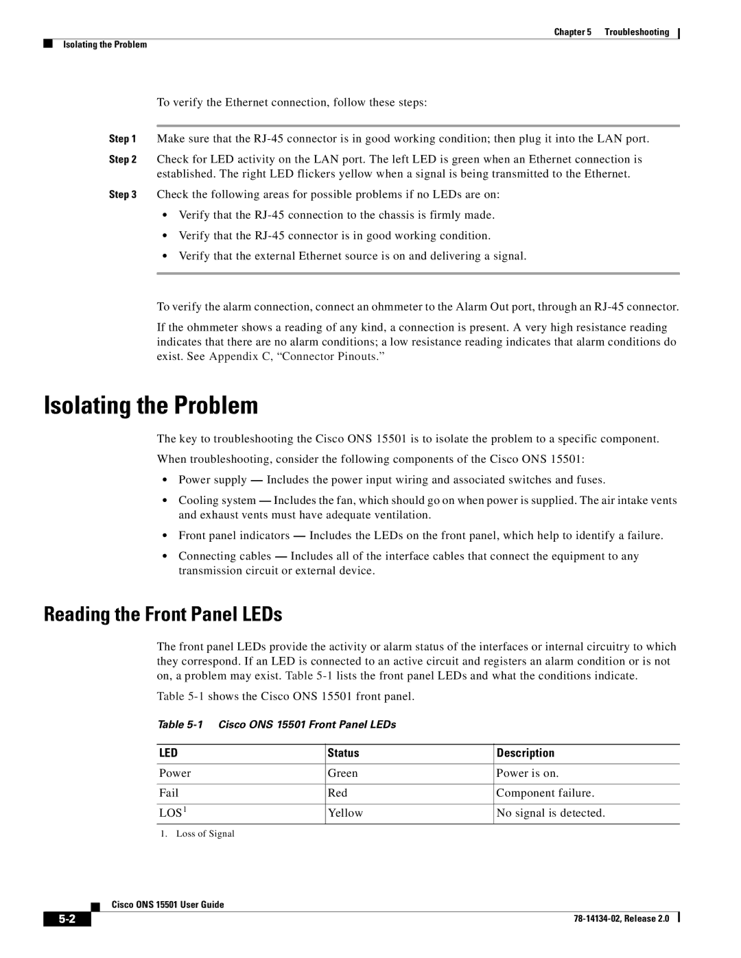 Cisco Systems 15501 manual Isolating the Problem, Reading the Front Panel LEDs, Status Description 