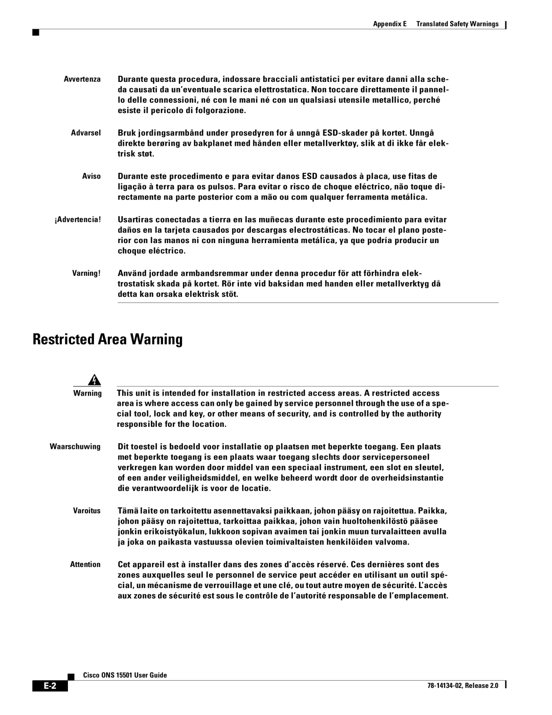 Cisco Systems 15501 manual Restricted Area Warning 