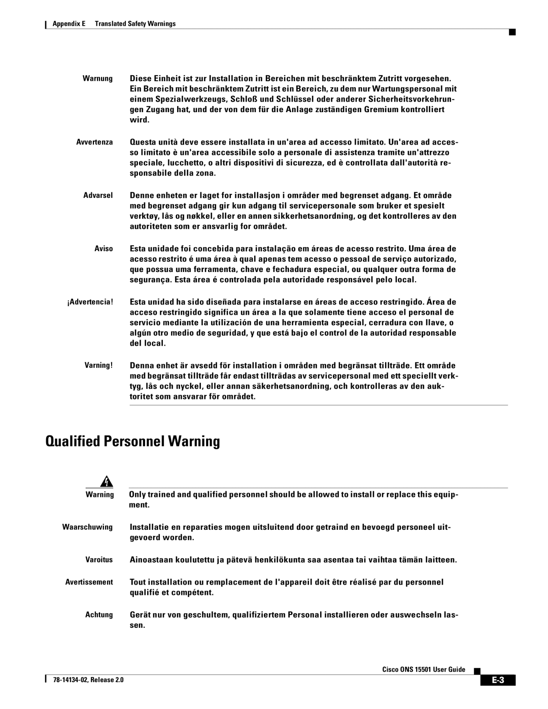 Cisco Systems 15501 manual Qualified Personnel Warning 