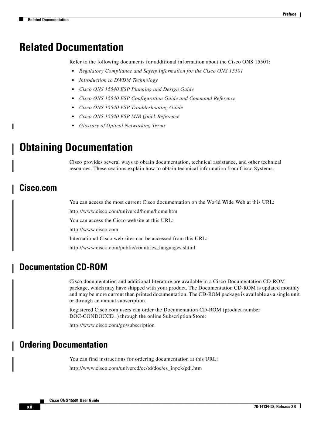 Cisco Systems 15501 manual Related Documentation, Obtaining Documentation, Cisco.com, Documentation CD-ROM 