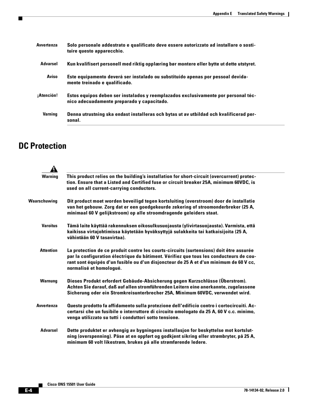 Cisco Systems 15501 manual DC Protection 