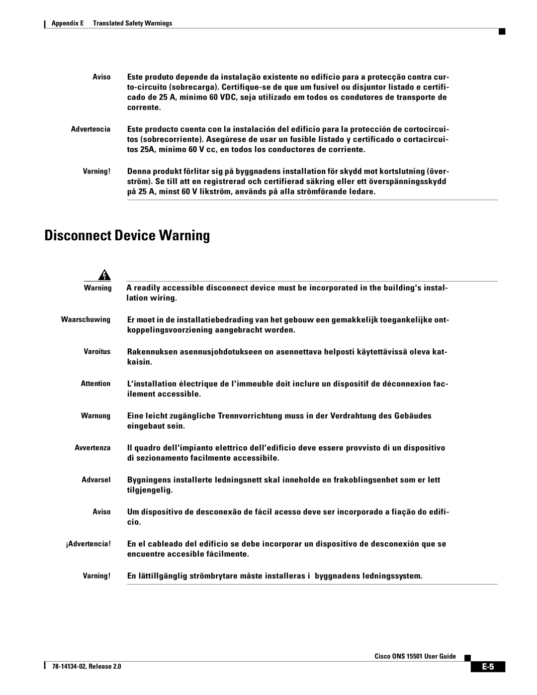 Cisco Systems 15501 manual Disconnect Device Warning 