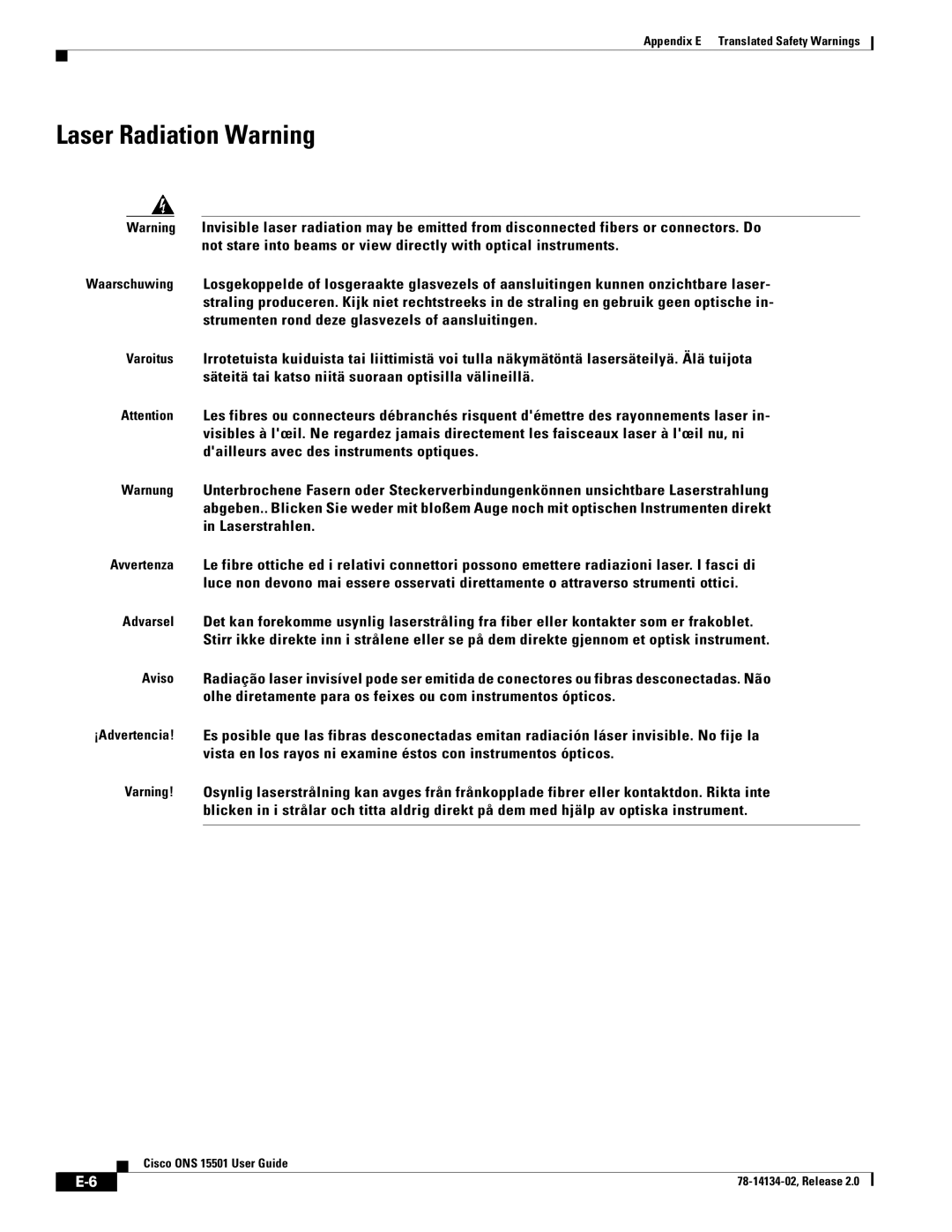 Cisco Systems 15501 manual Laser Radiation Warning 