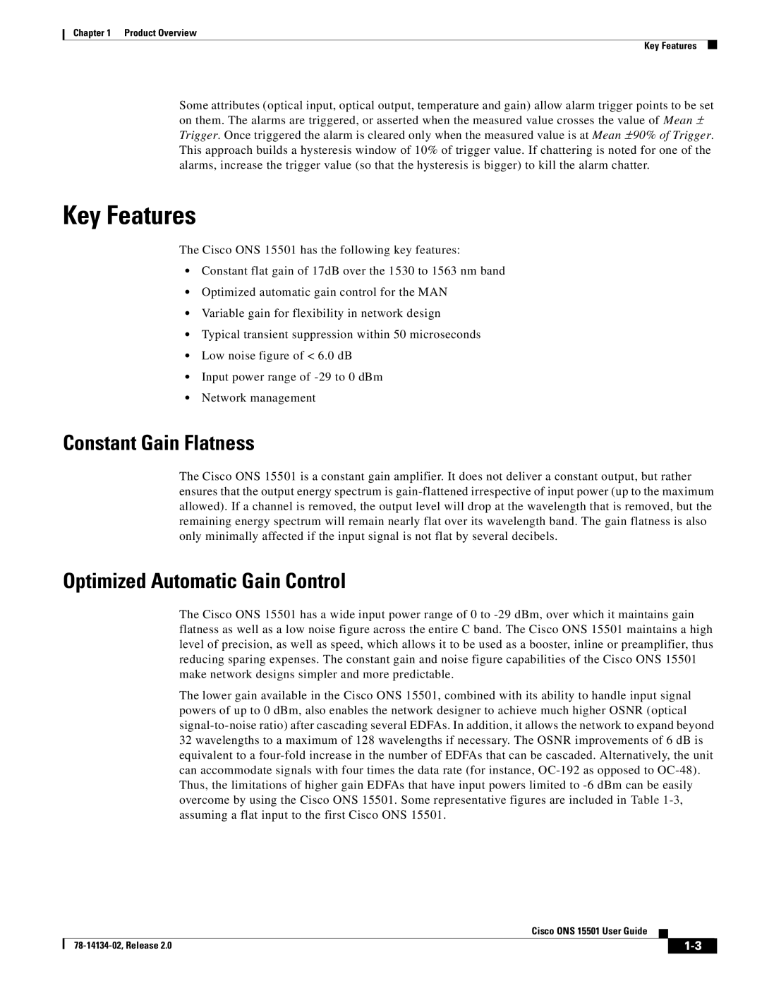 Cisco Systems 15501 manual Key Features, Constant Gain Flatness, Optimized Automatic Gain Control 