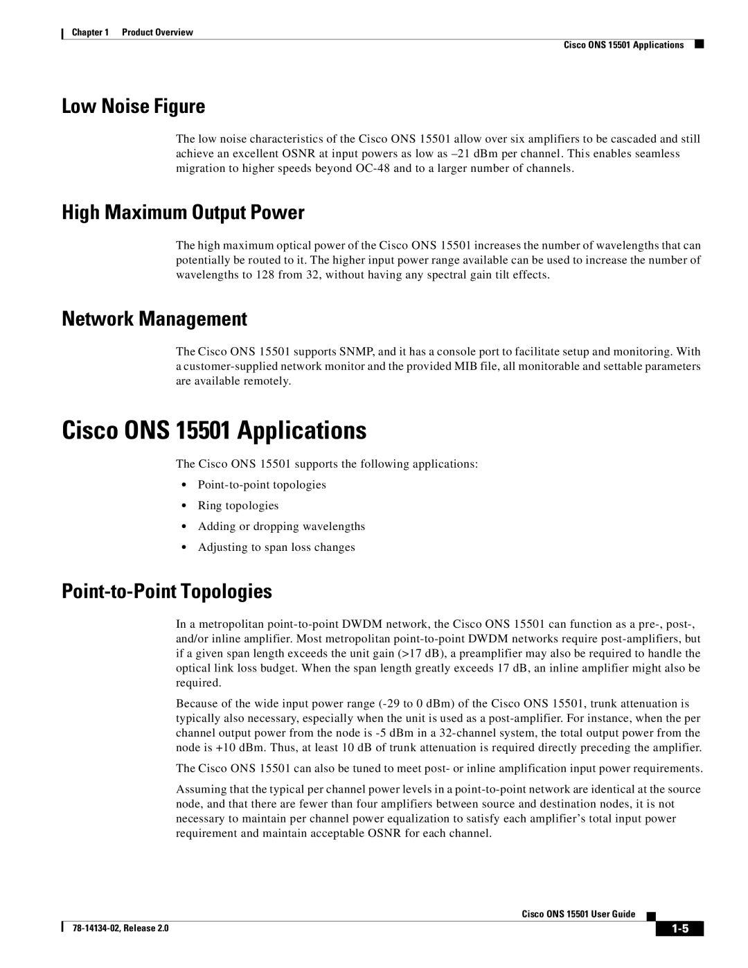 Cisco Systems manual Cisco ONS 15501 Applications, Low Noise Figure, High Maximum Output Power, Network Management 