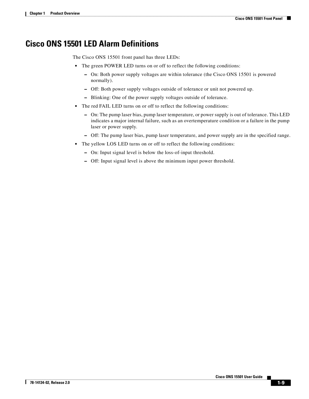 Cisco Systems manual Cisco ONS 15501 LED Alarm Definitions 