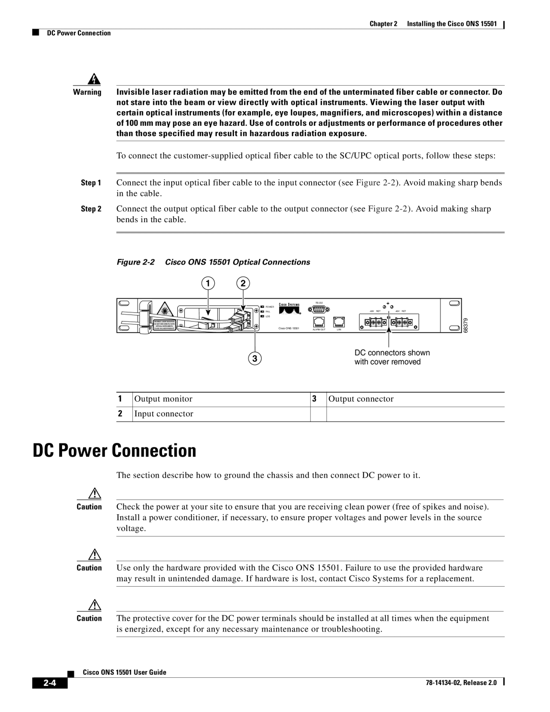 Cisco Systems manual DC Power Connection, Cisco ONS 15501 Optical Connections 