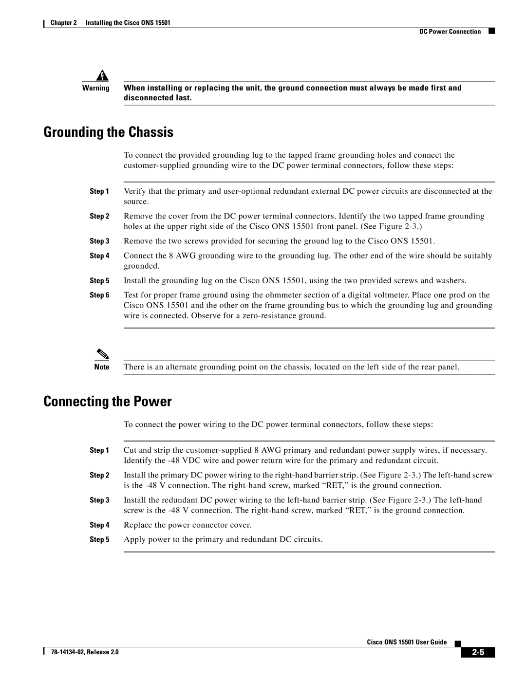 Cisco Systems 15501 manual Grounding the Chassis, Connecting the Power 