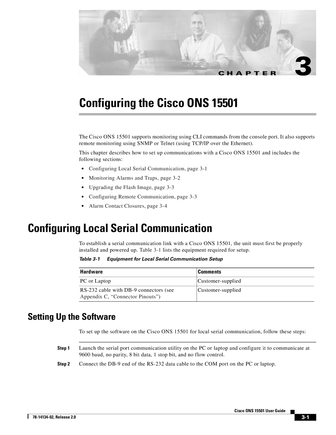 Cisco Systems 15501 manual Configuring the Cisco ONS, Configuring Local Serial Communication, Setting Up the Software 