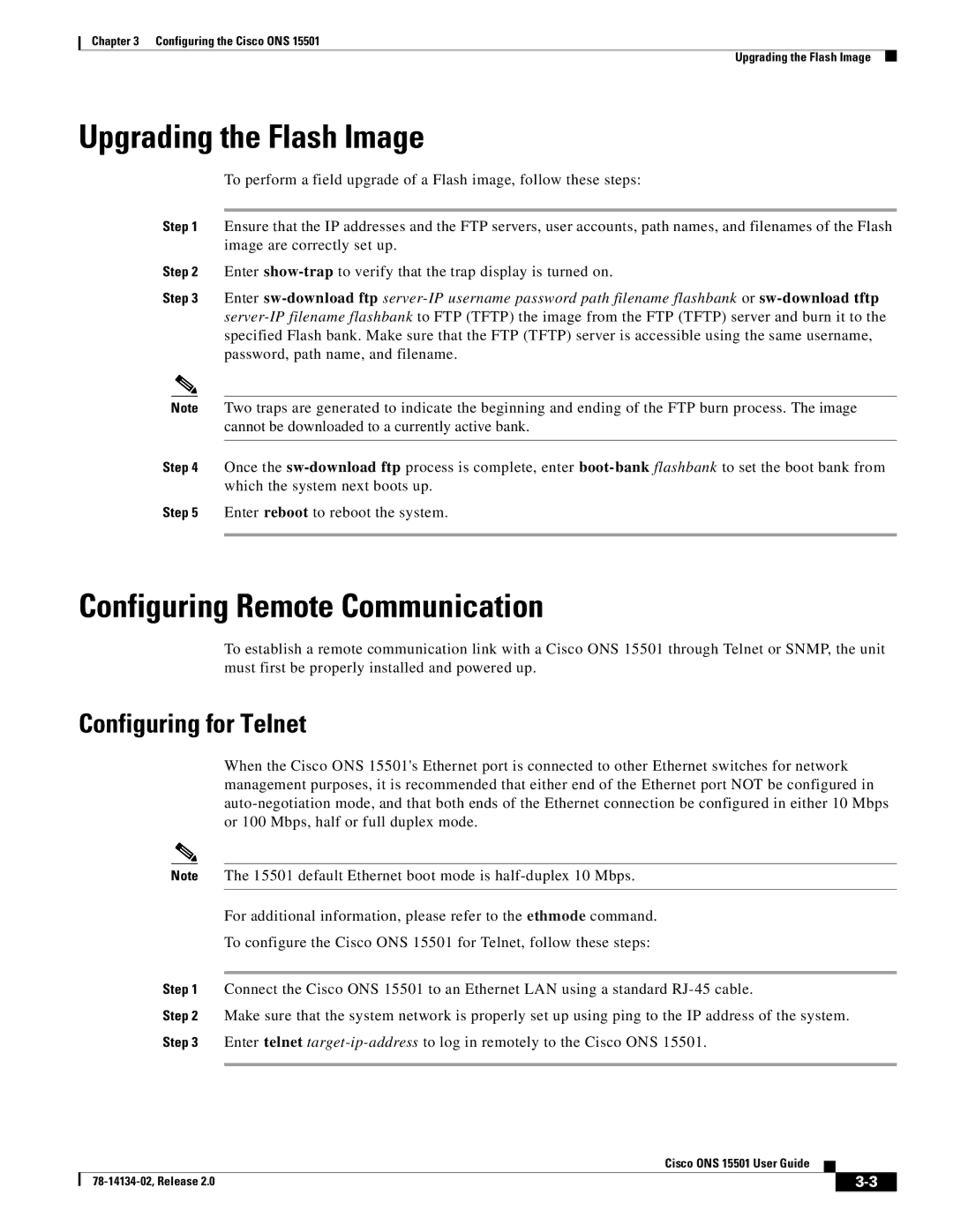 Cisco Systems 15501 manual Upgrading the Flash Image, Configuring Remote Communication, Configuring for Telnet 