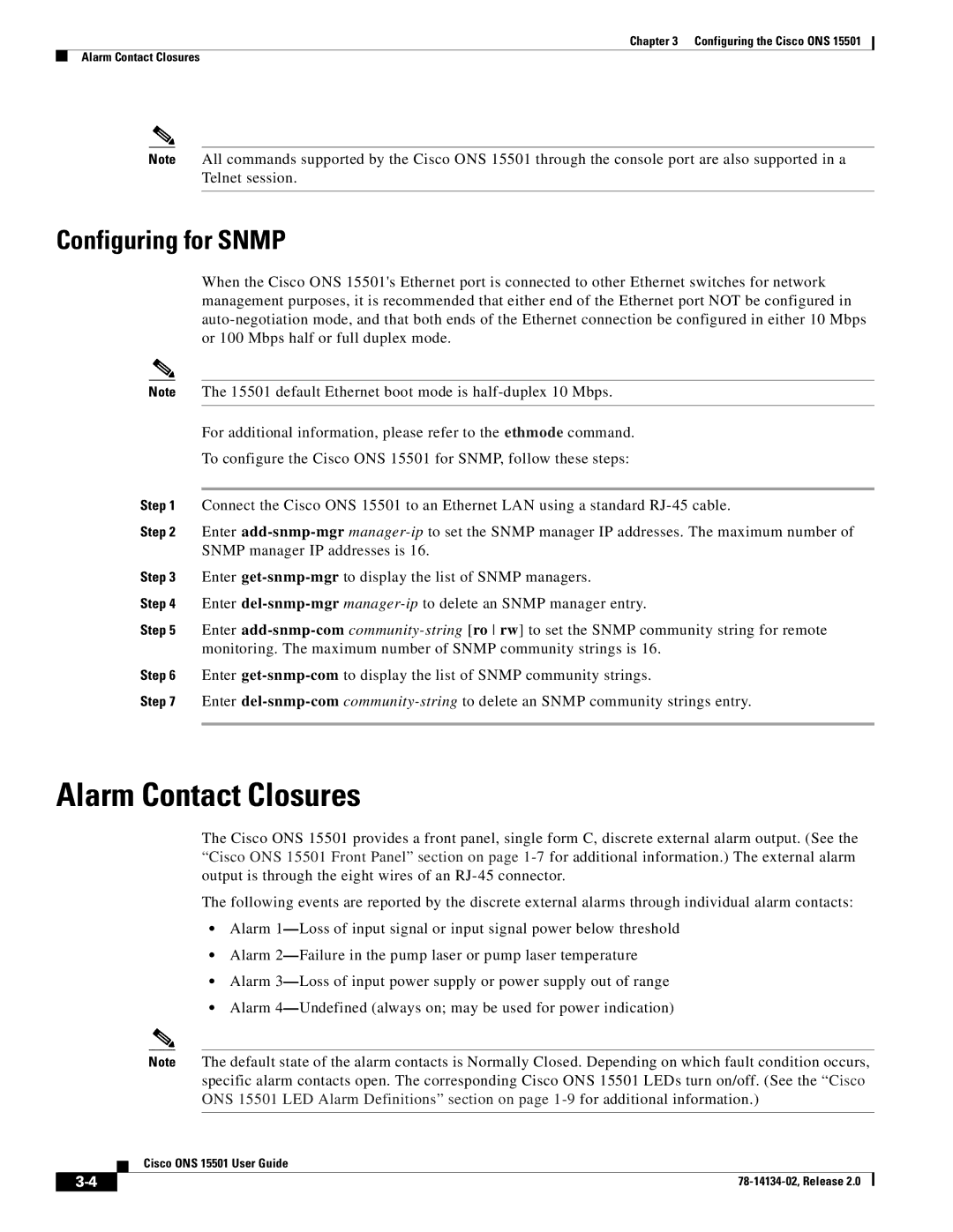 Cisco Systems 15501 manual Alarm Contact Closures, Configuring for Snmp 