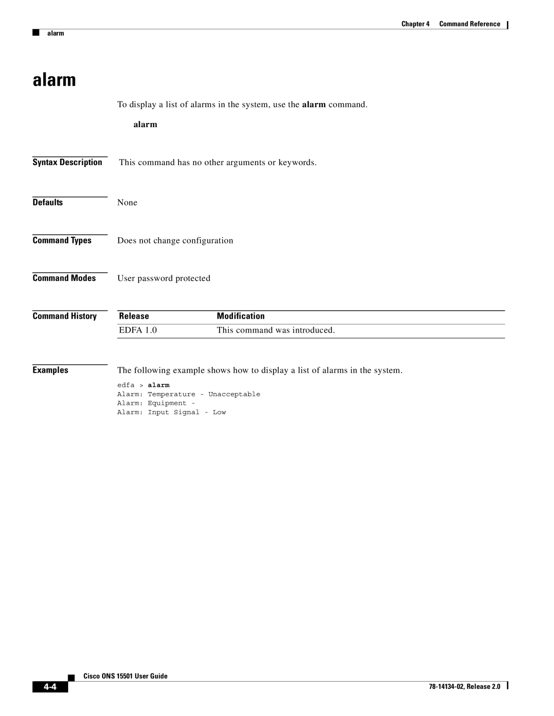 Cisco Systems 15501 manual Alarm, ReleaseModification 