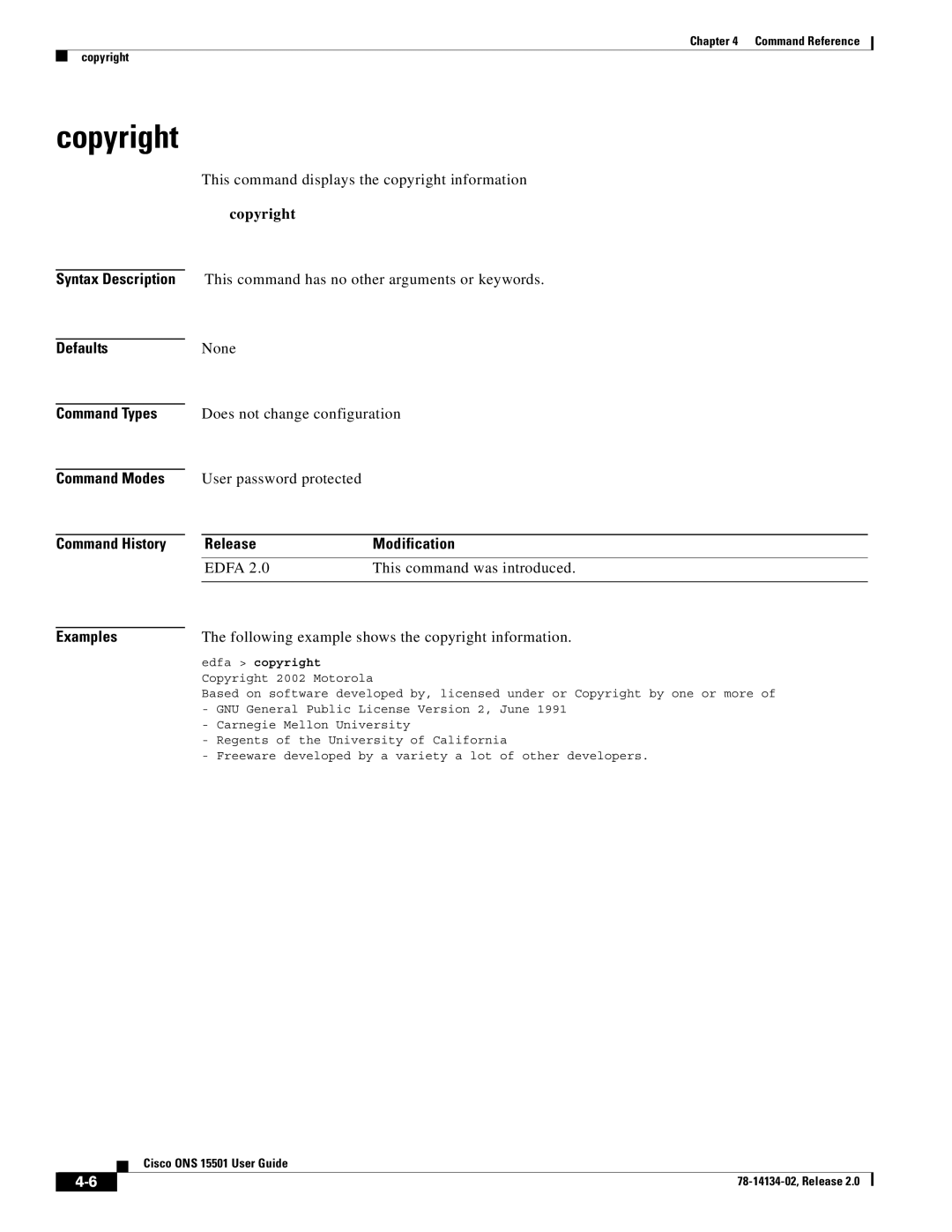 Cisco Systems 15501 manual Copyright, Following example shows the copyright information 