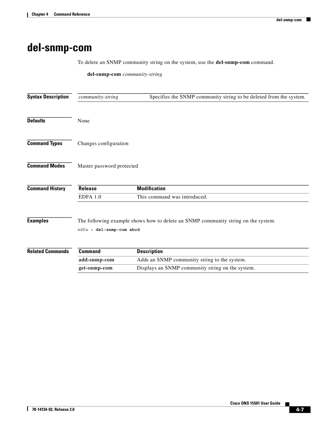 Cisco Systems 15501 manual Del-snmp-com, Release Modification, Command Description, Add-snmp-com, Get-snmp-com 