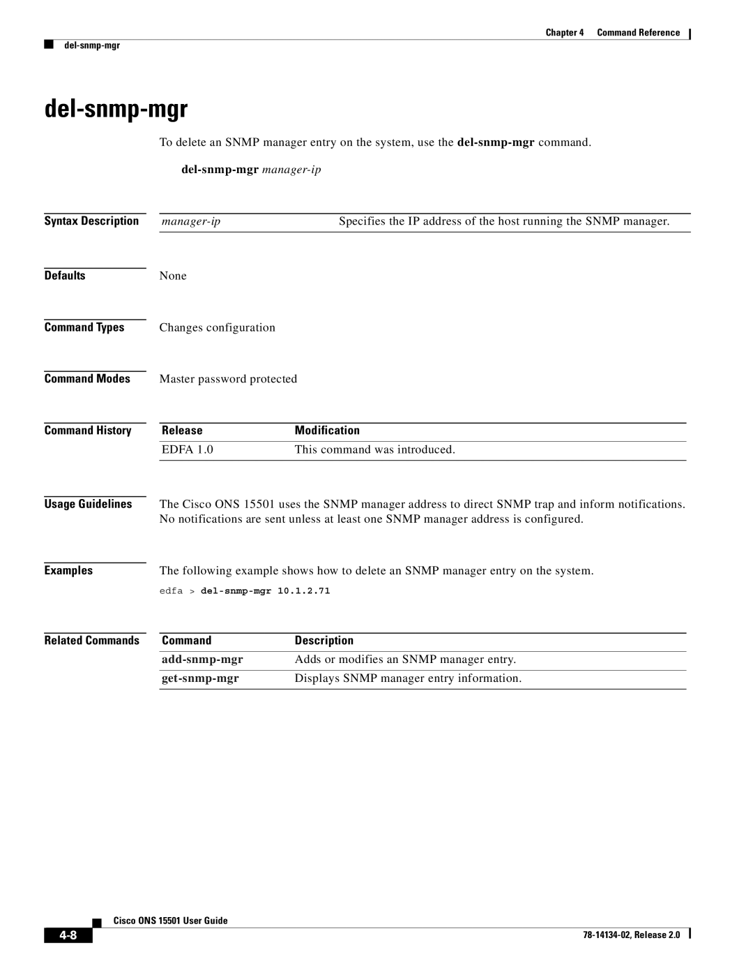 Cisco Systems 15501 manual Del-snmp-mgr, Usage Guidelines, Add-snmp-mgr 