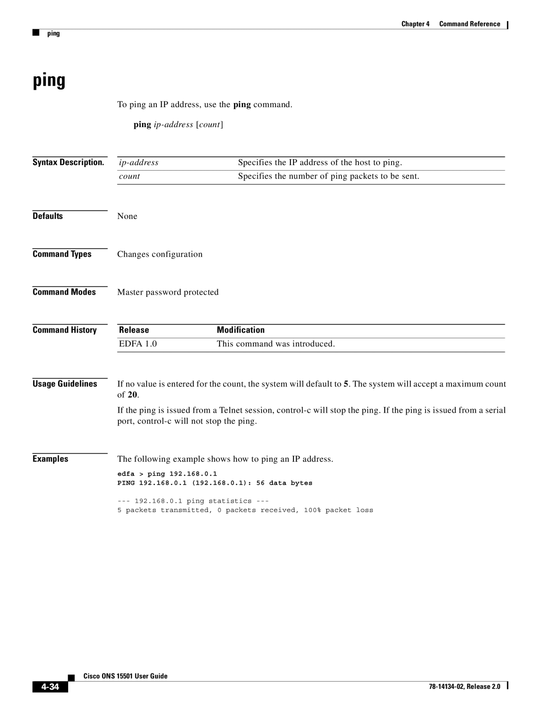 Cisco Systems 15501 manual Ping, Following example shows how to ping an IP address 