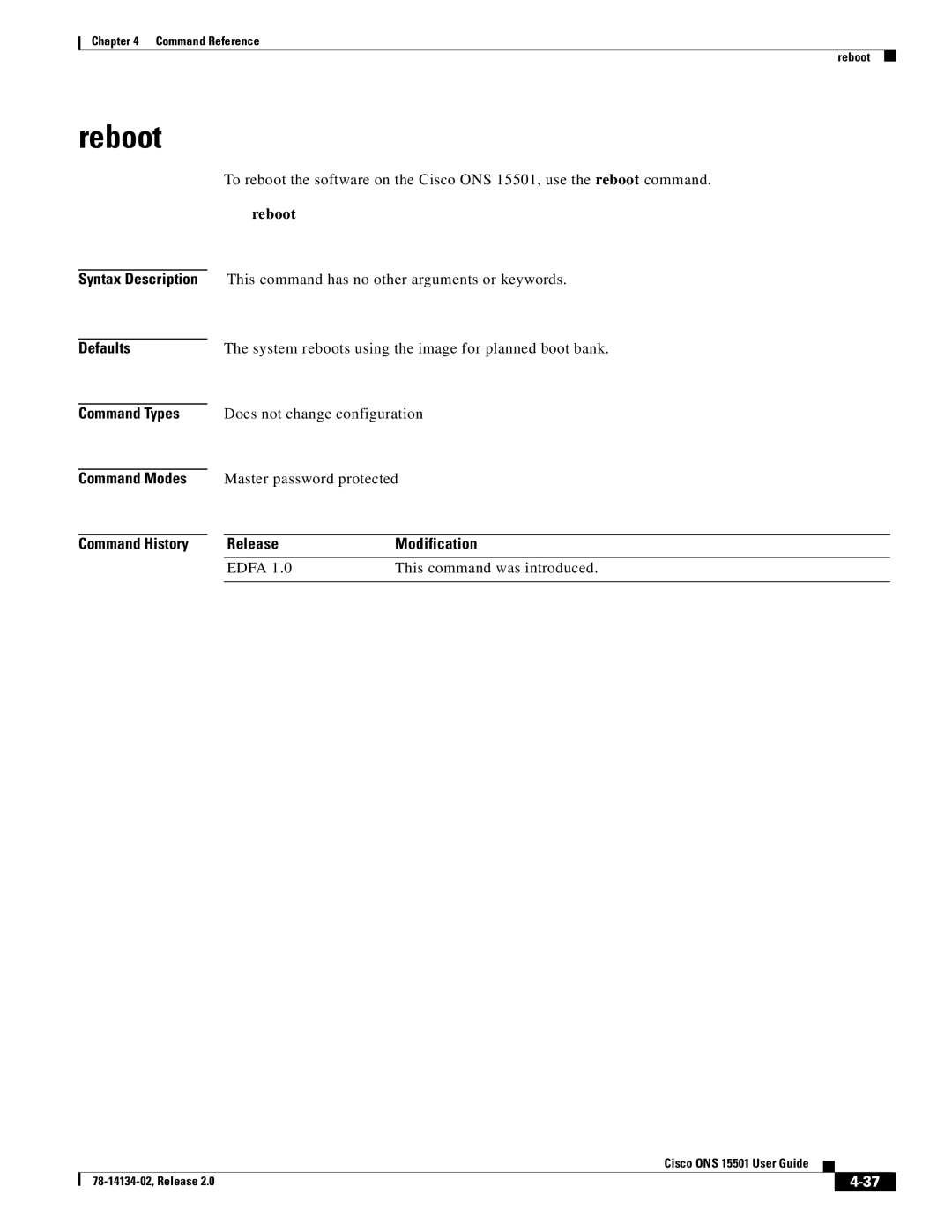 Cisco Systems 15501 manual Reboot, Command History Release Modification 