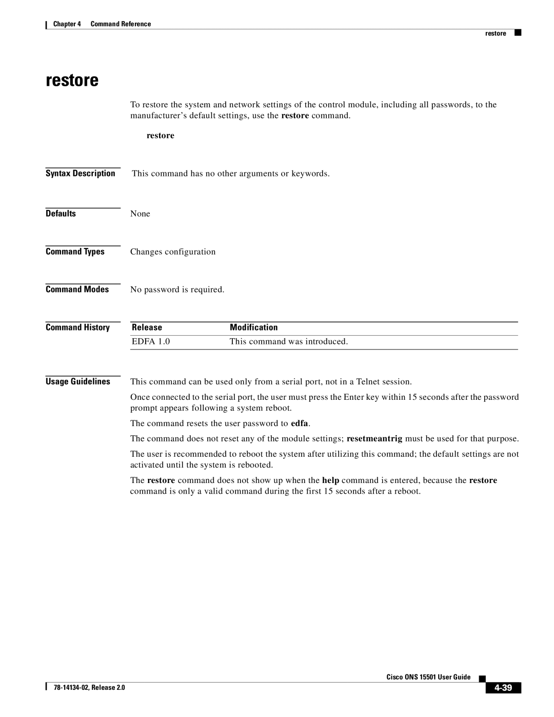 Cisco Systems 15501 manual Restore, ReleaseModification 