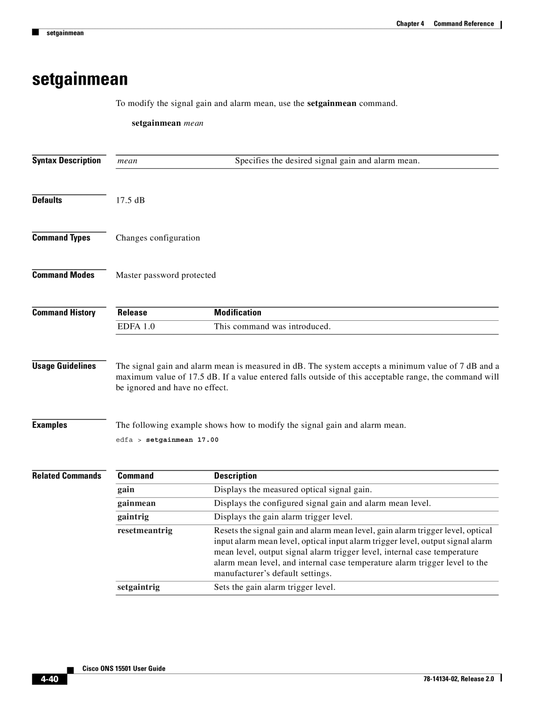 Cisco Systems 15501 manual Setgainmean, Syntax Description Defaults Command Types Command Modes 