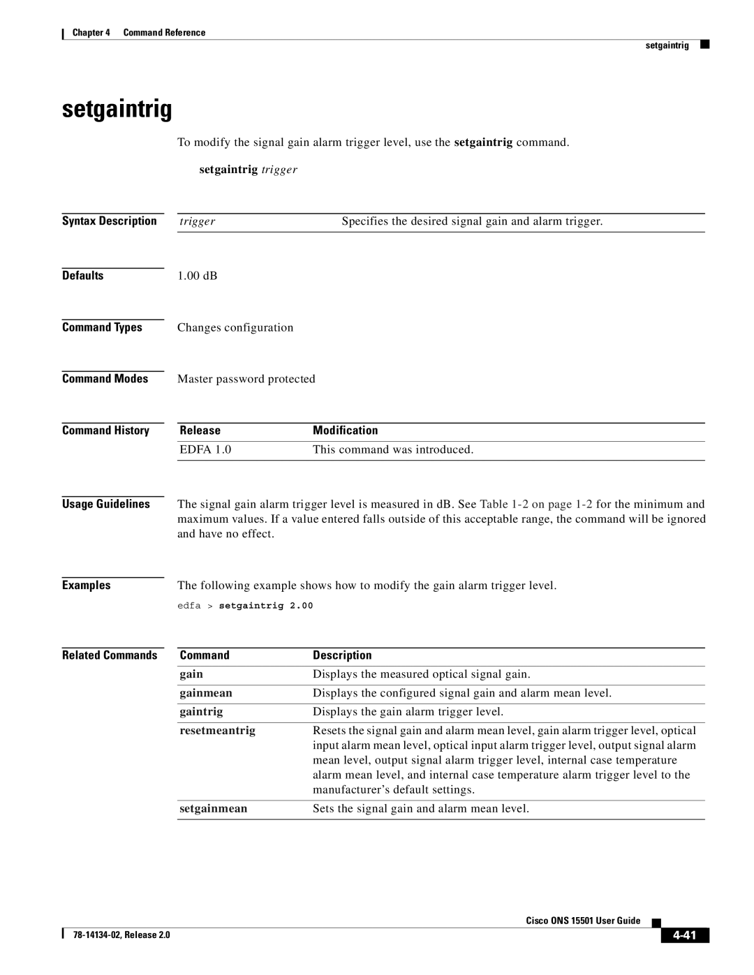 Cisco Systems 15501 manual Setgaintrig, Setgainmean 