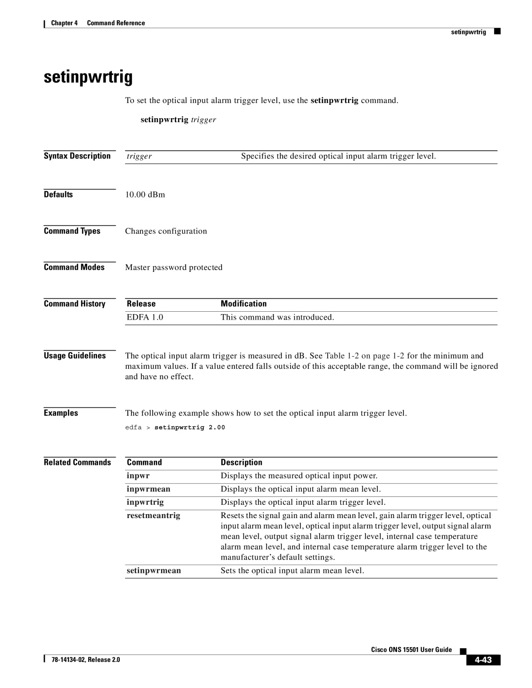 Cisco Systems 15501 manual Setinpwrtrig, Setinpwrmean 