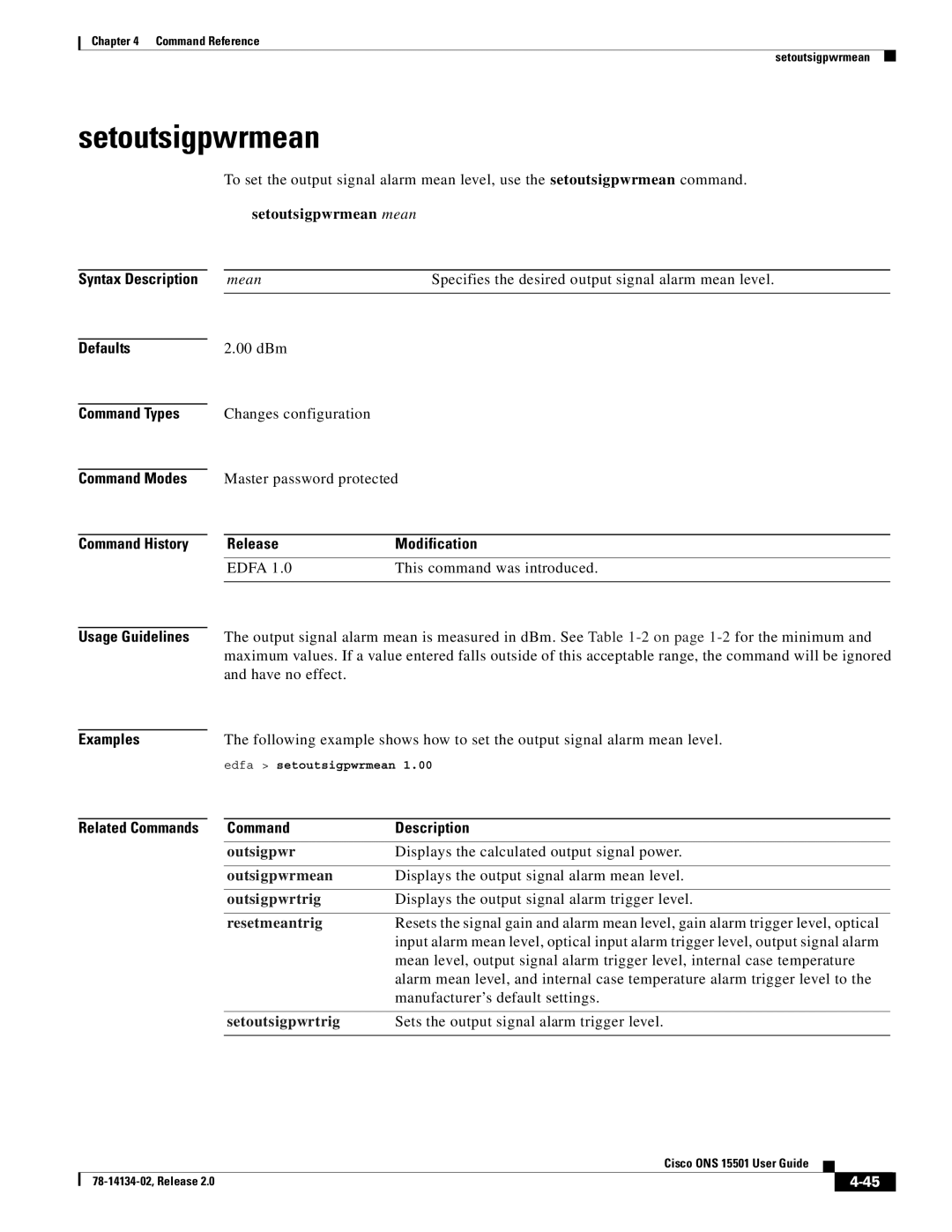 Cisco Systems 15501 manual Setoutsigpwrmean, Outsigpwr 