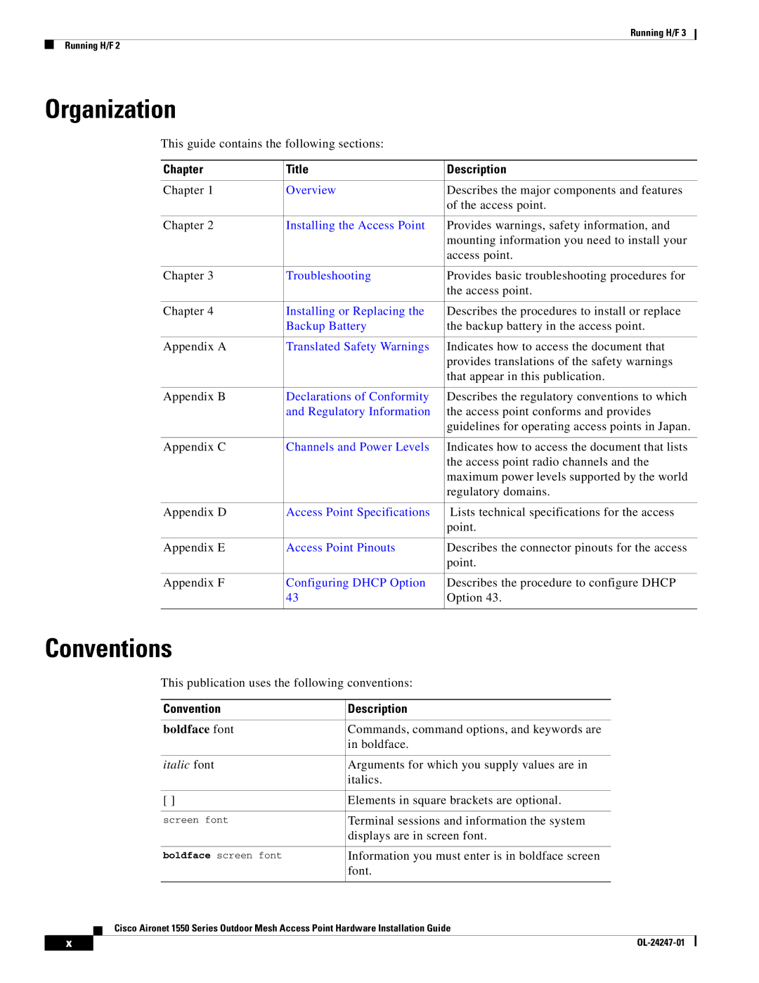 Cisco Systems AIRCAP1552HAK9, 1550 manual Organization, Conventions, Chapter Title Description, Convention Description 