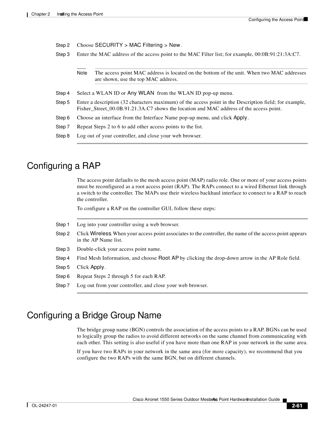 Cisco Systems 1550, AIRCAP1552HAK9 manual Configuring a RAP, Configuring a Bridge Group Name 