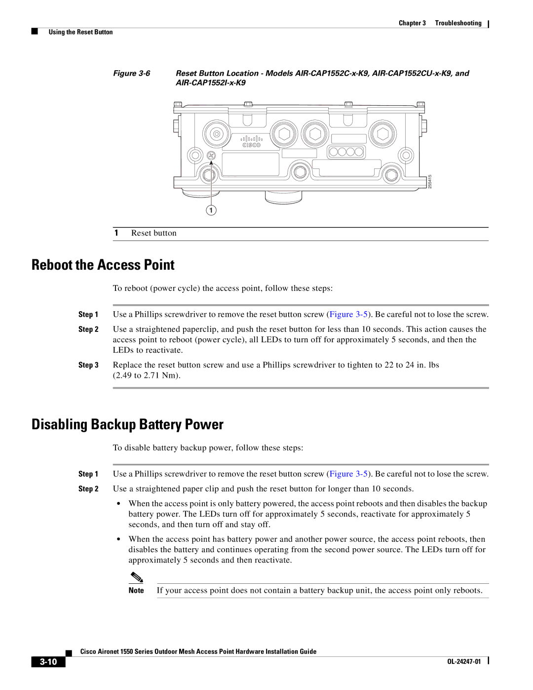 Cisco Systems AIRCAP1552HAK9, 1550 manual Reboot the Access Point, Disabling Backup Battery Power 