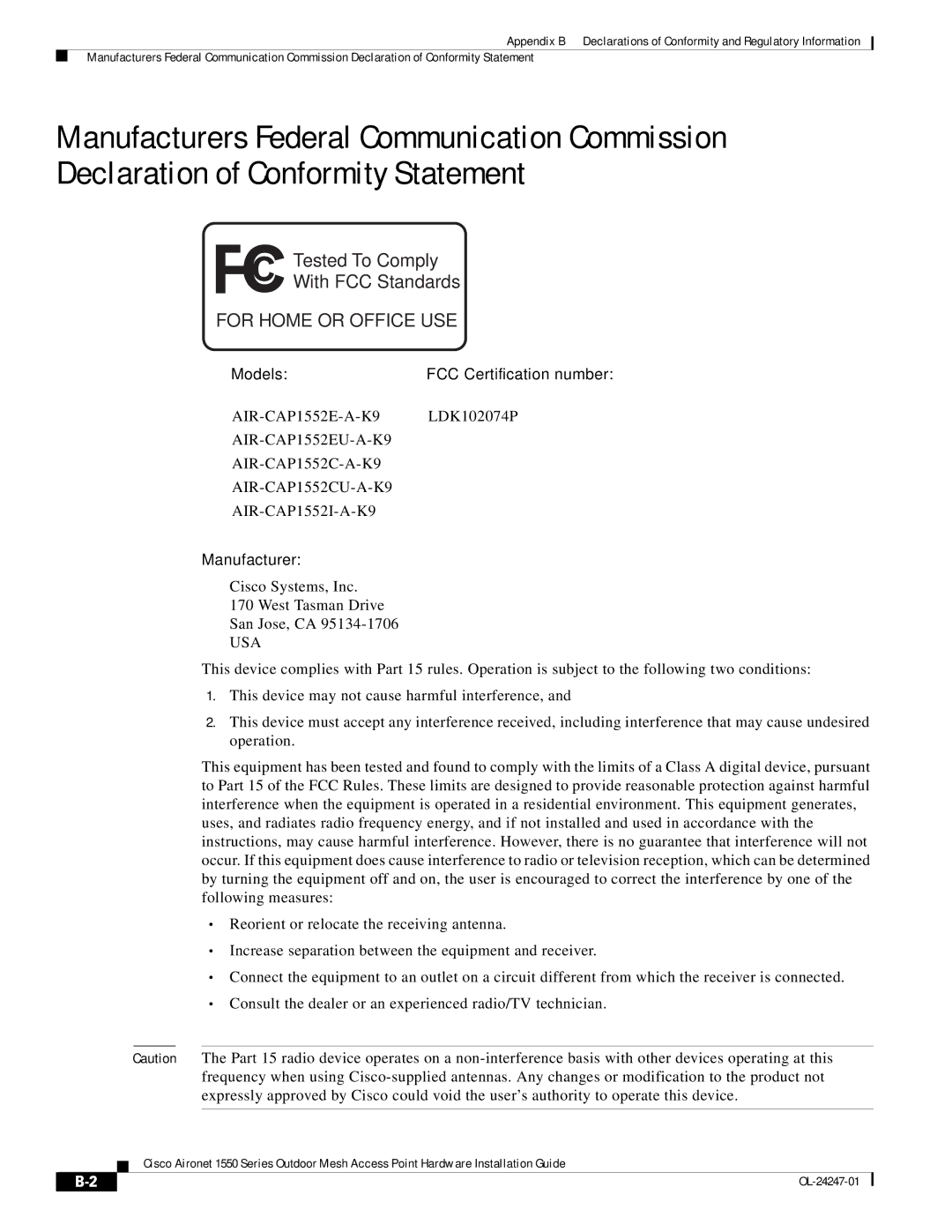 Cisco Systems AIRCAP1552HAK9, 1550 manual For Home or Office USE 