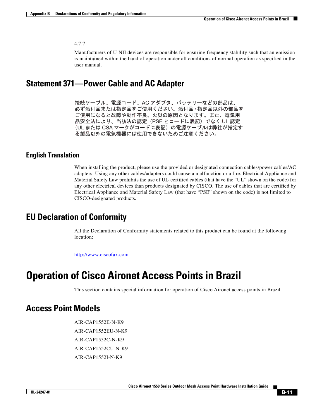 Cisco Systems 1552H, 1550 Operation of Cisco Aironet Access Points in Brazil, Statement 371-Power Cable and AC Adapter 