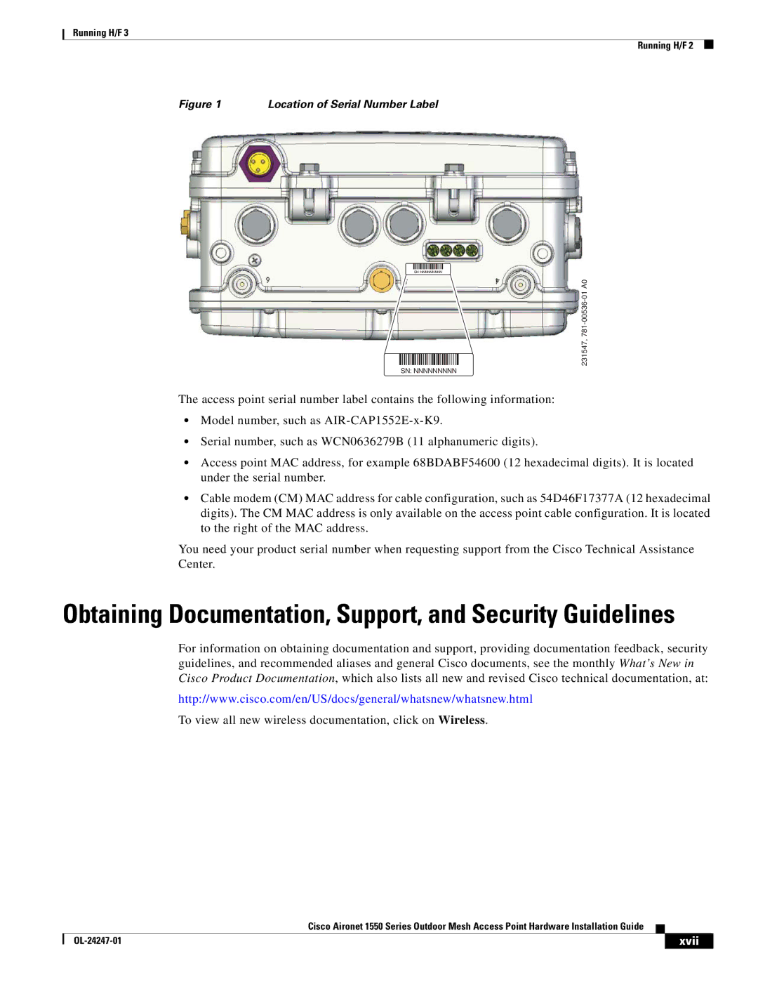 Cisco Systems 1550, AIRCAP1552HAK9 manual Obtaining Documentation, Support, and Security Guidelines 