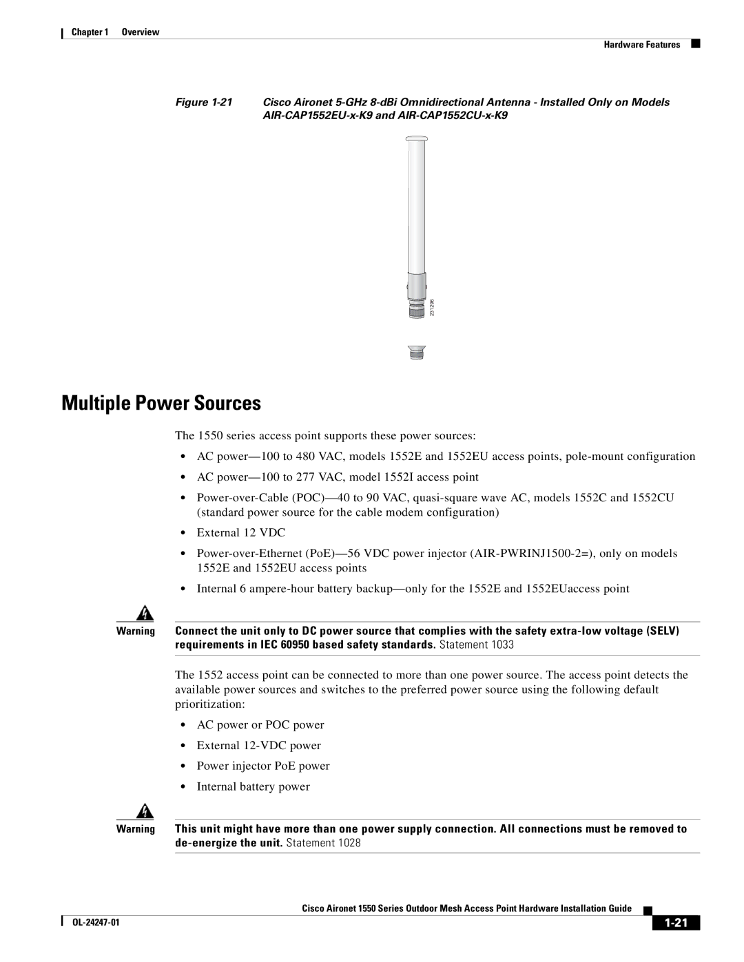 Cisco Systems AIRCAP1552HAK9, 1550 manual Multiple Power Sources 