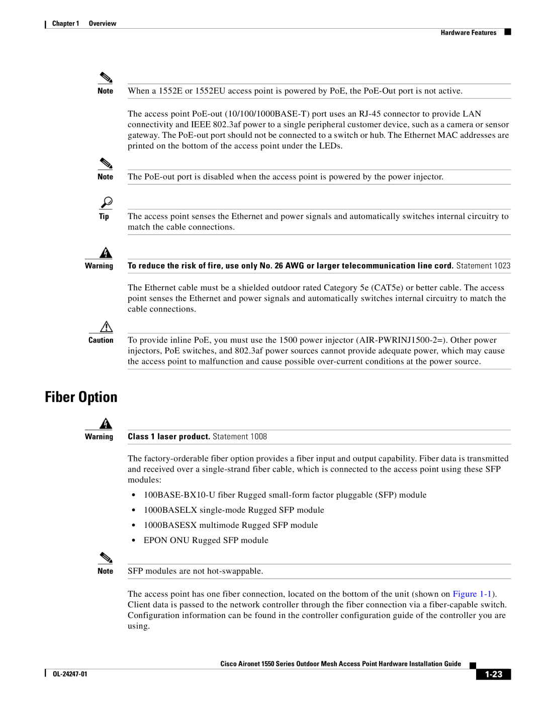 Cisco Systems 1550, AIRCAP1552HAK9 manual Fiber Option 