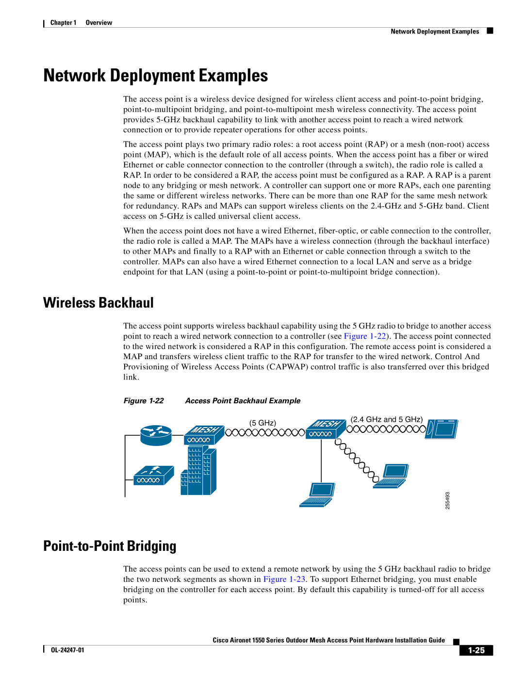 Cisco Systems AIRCAP1552HAK9, 1550 manual Network Deployment Examples, Wireless Backhaul, Point-to-Point Bridging 