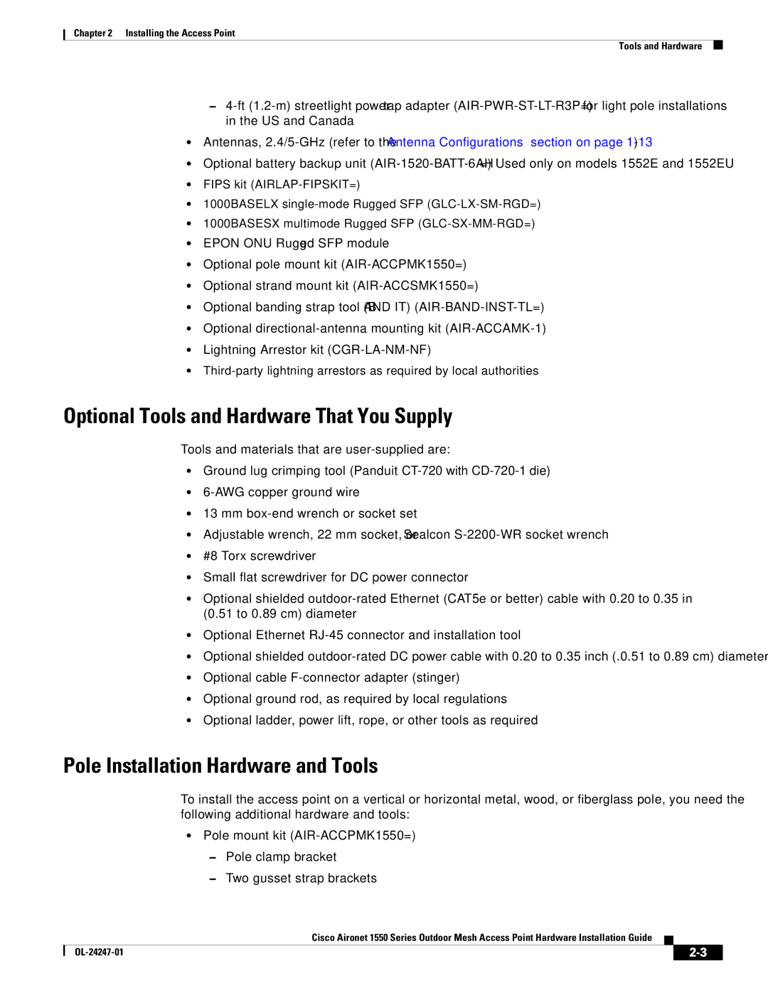 Cisco Systems AIRCAP1552HAK9, 1550 manual Optional Tools and Hardware That You Supply, Pole Installation Hardware and Tools 