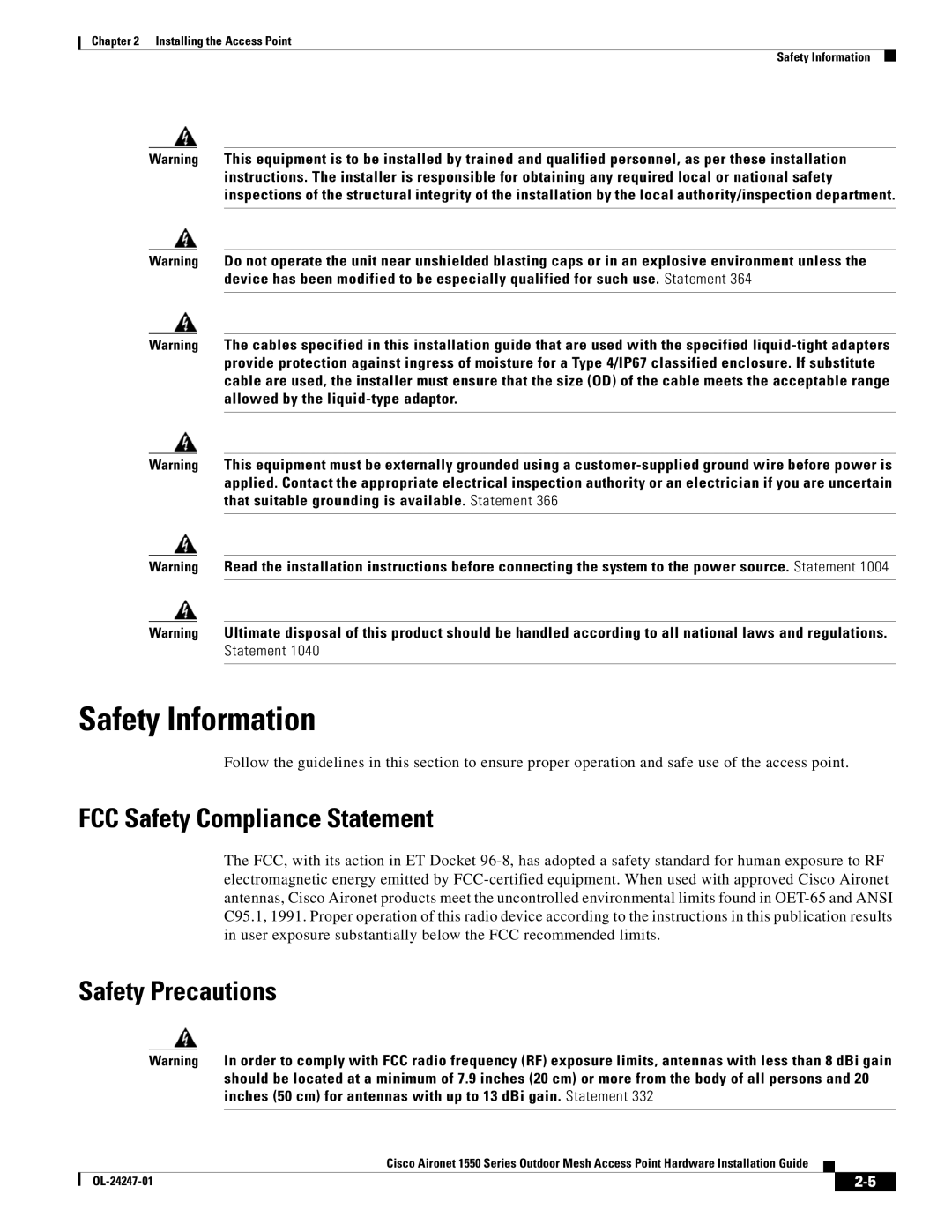 Cisco Systems AIRCAP1552HAK9, 1550 manual Safety Information, FCC Safety Compliance Statement, Safety Precautions 