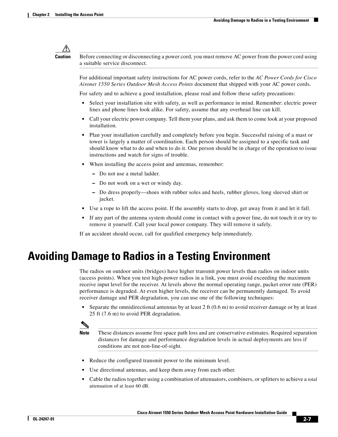 Cisco Systems 1550, AIRCAP1552HAK9 manual Avoiding Damage to Radios in a Testing Environment 