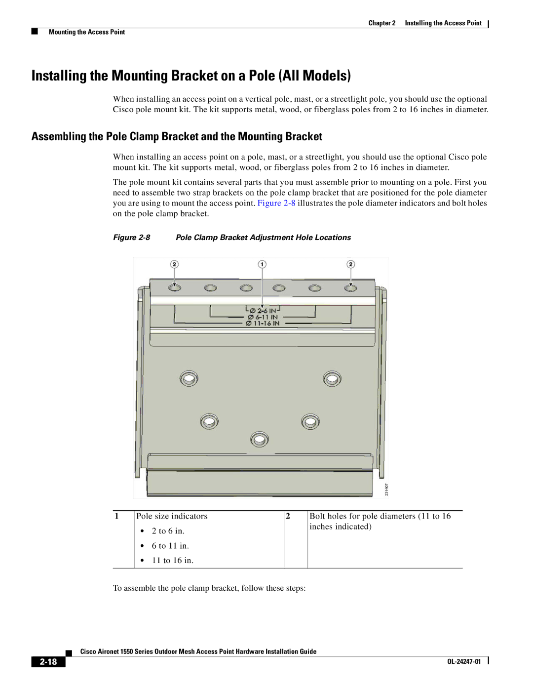 Cisco Systems AIRCAP1552HAK9, 1550 manual Installing the Mounting Bracket on a Pole All Models 