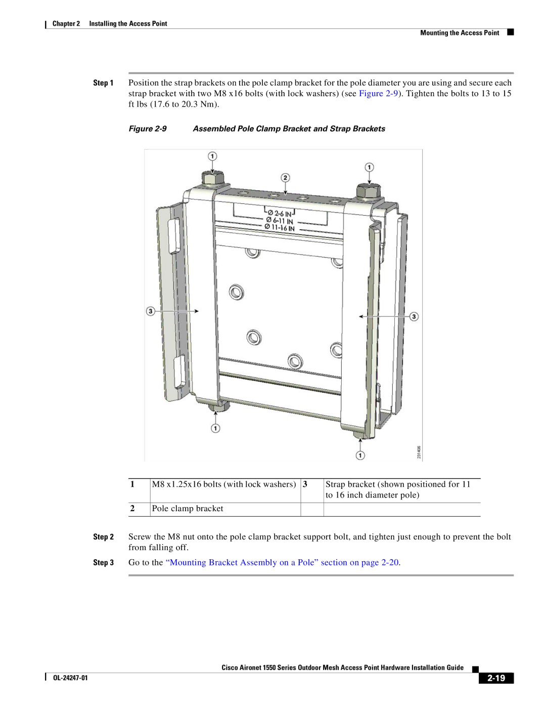 Cisco Systems 1550, AIRCAP1552HAK9 manual Go to the Mounting Bracket Assembly on a Pole section on 