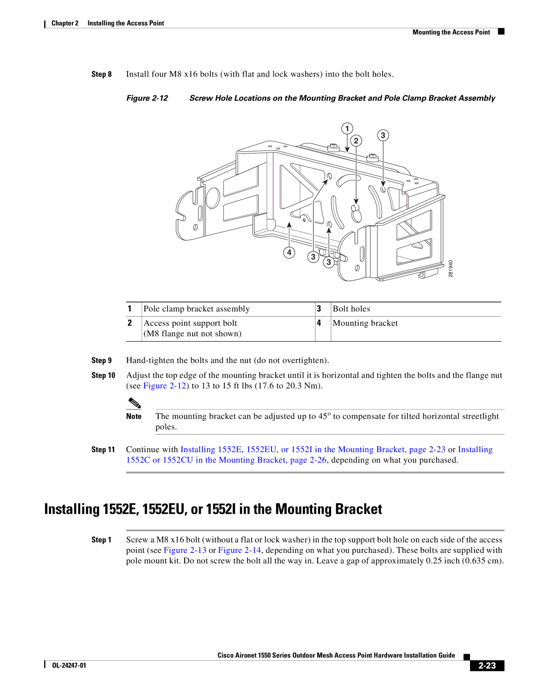 Cisco Systems AIRCAP1552HAK9, 1550 manual Installing 1552E, 1552EU, or 1552I in the Mounting Bracket 